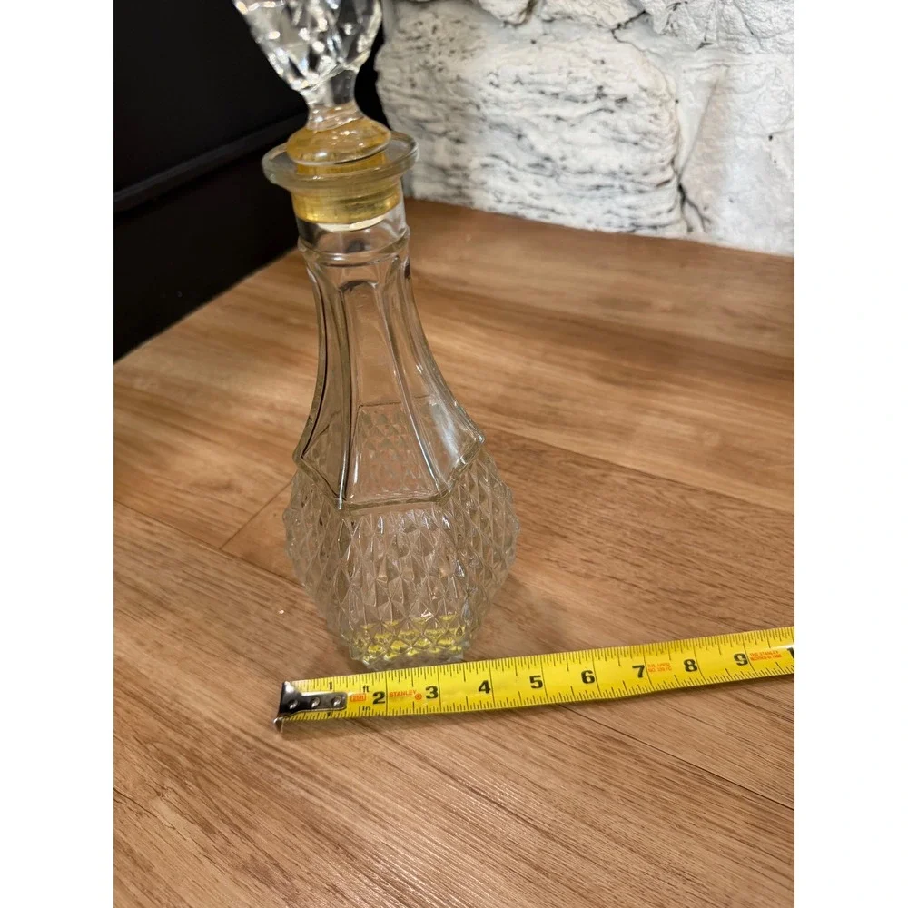Vintage Clear Pressed Glass Decanter Diamond Point Hexagon Base with Stopper 12
